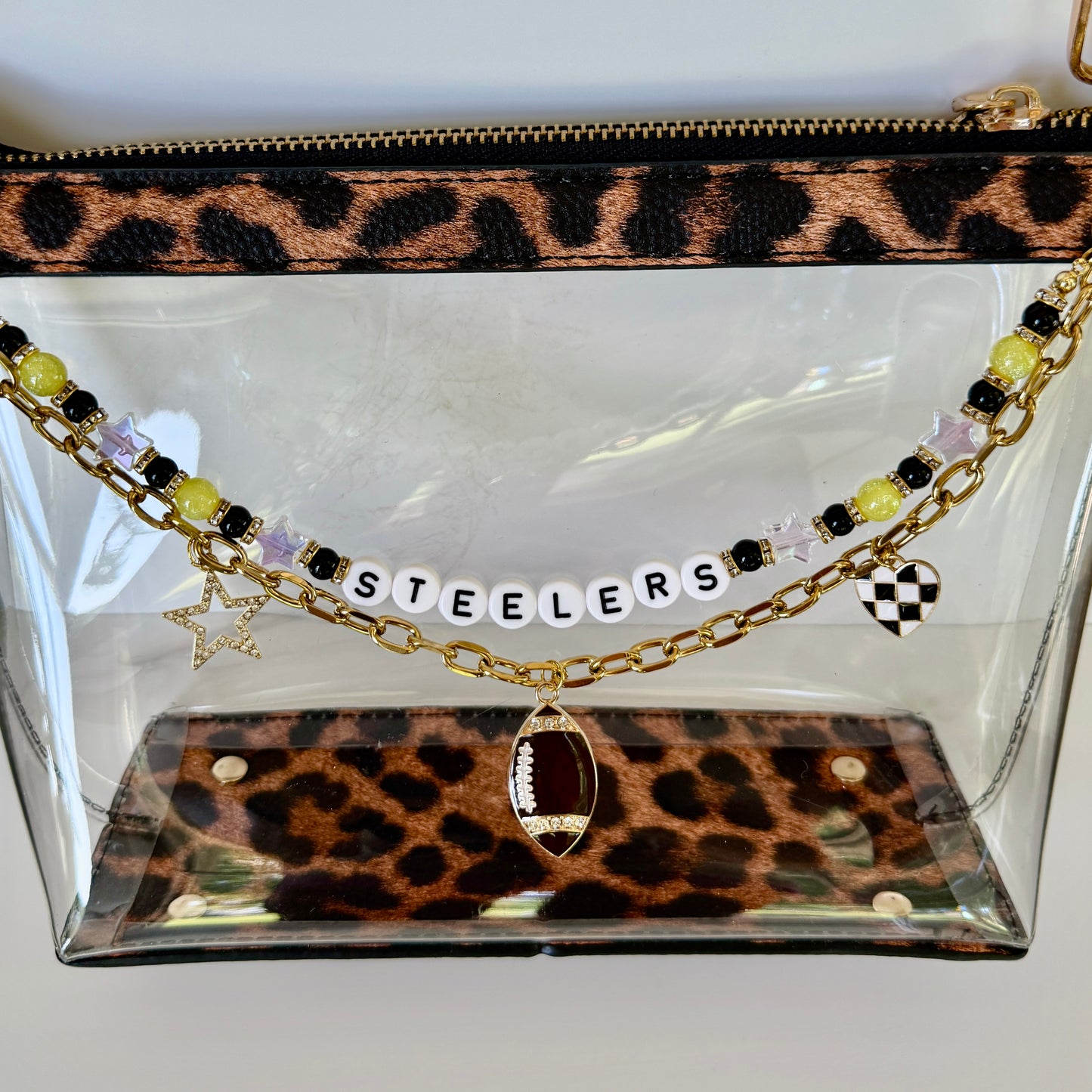 Steelers, Yellow & Black Beaded Bag Charm or Gold Chain – Football Purse Accessory, 6” Beaded Charm, 12.5” Chain, Custom Game Day Fit