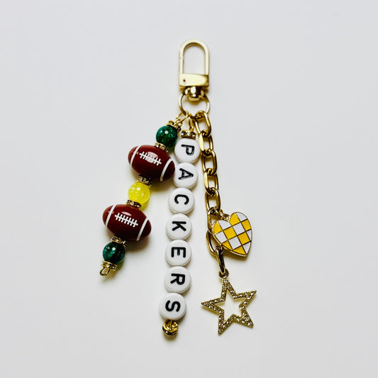 Packers Football Beaded Keychain – Gold Bag Charm with Letter Beads, Football Beads, & Enamel Heart