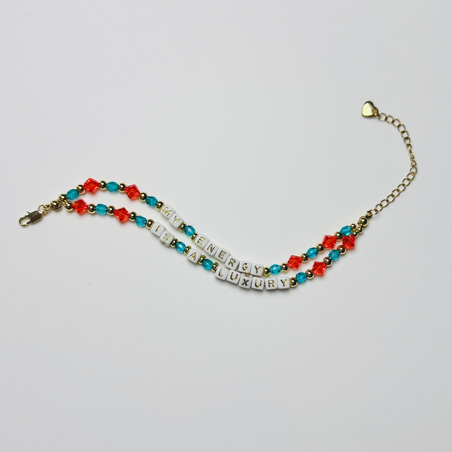 My Energy Is Luxury – Double-Layer Beaded Affirmation Bracelet, Handmade Inspirational Jewelry, Orange, Teal Green, Showgirl Era