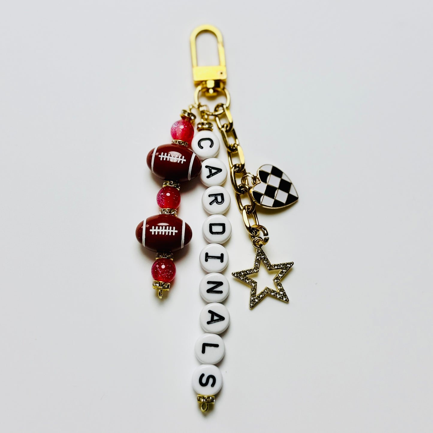Cardinals Football Beaded Keychain – Gold Bag Charm with Letter Beads, Football Beads, & Enamel Heart