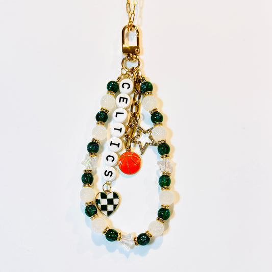 Celtics Basketball Deluxe Bag Charm: Handmade Green and White Beaded Keychain with Charms