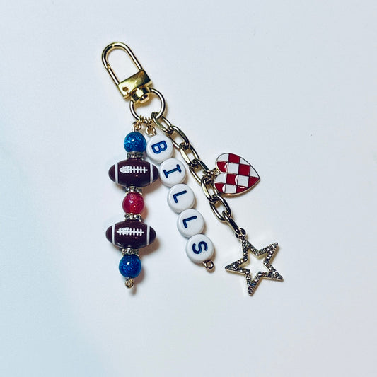 Bills Football Beaded Keychain: Gold Bag Charm with Enamel Heart and Star