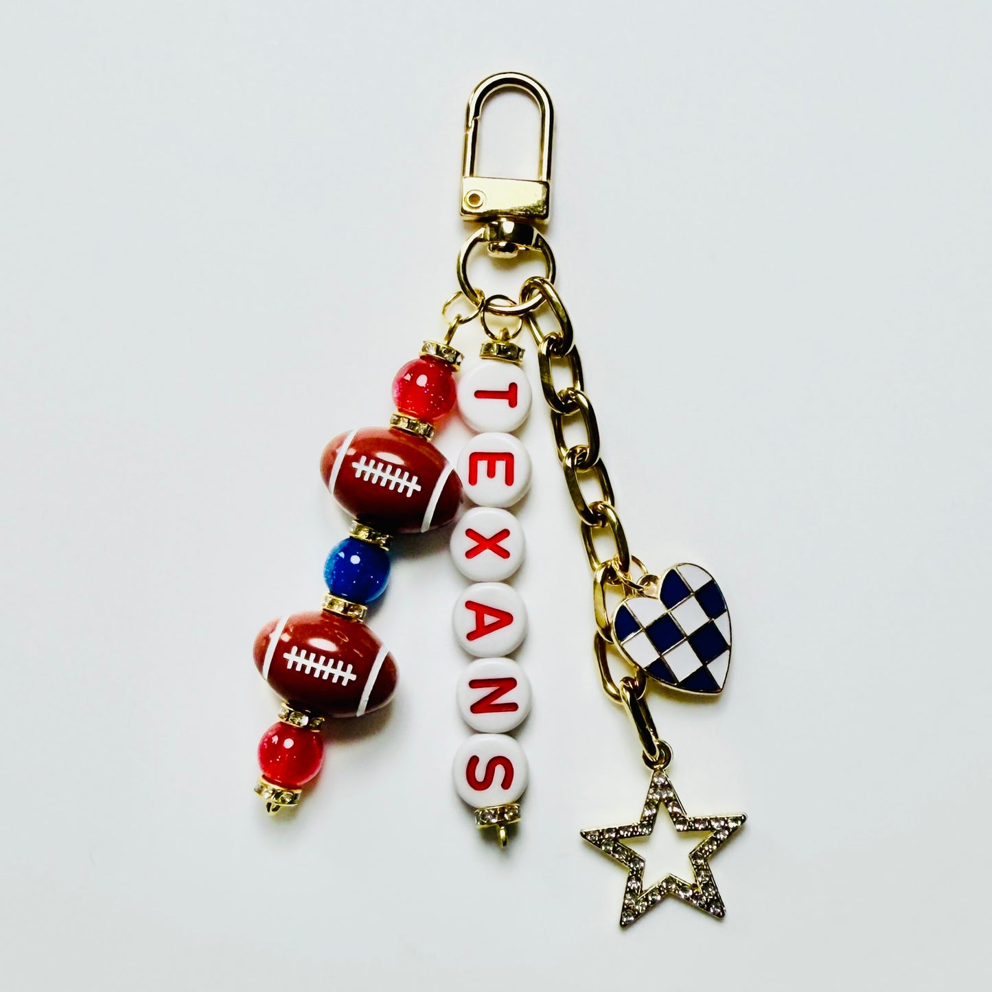 Texans Football Beaded Keychain – Gold Bag Charm with Letter Beads, Football Beads, & Enamel Heart
