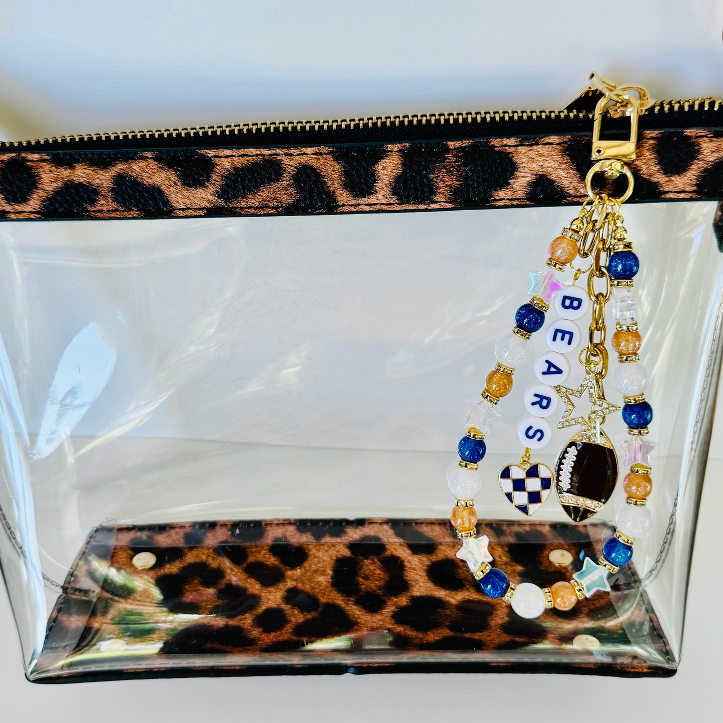 Bears Football Bag Charm or Chain – Orange & Navy Blue Beaded Keychain or Purse Accessory – Game Day Stadium Bag Clip – Handmade Gift