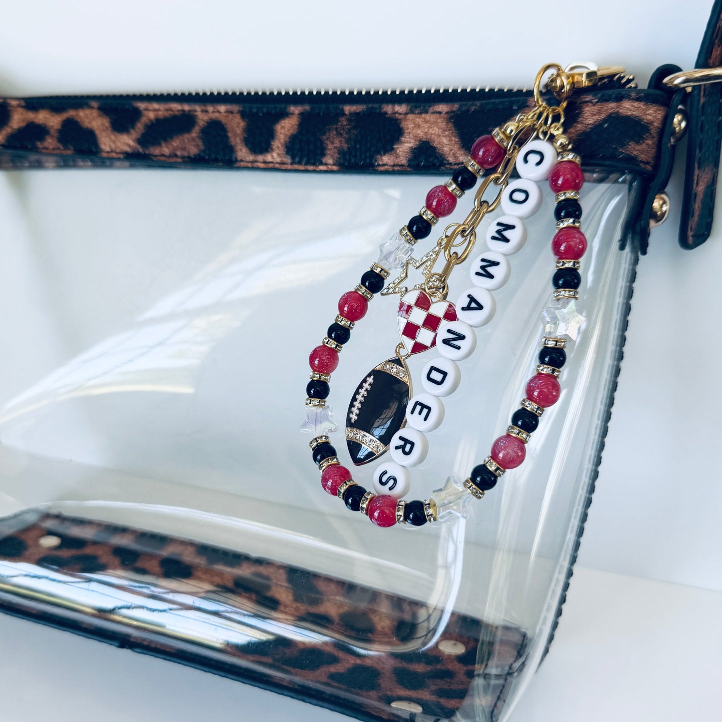Commanders Beaded Bag Charm or Gold Chain – Red Black Gold Football Purse Accessory, 6” Charm, 12.5” Chain, Game Day Bag Jewelry