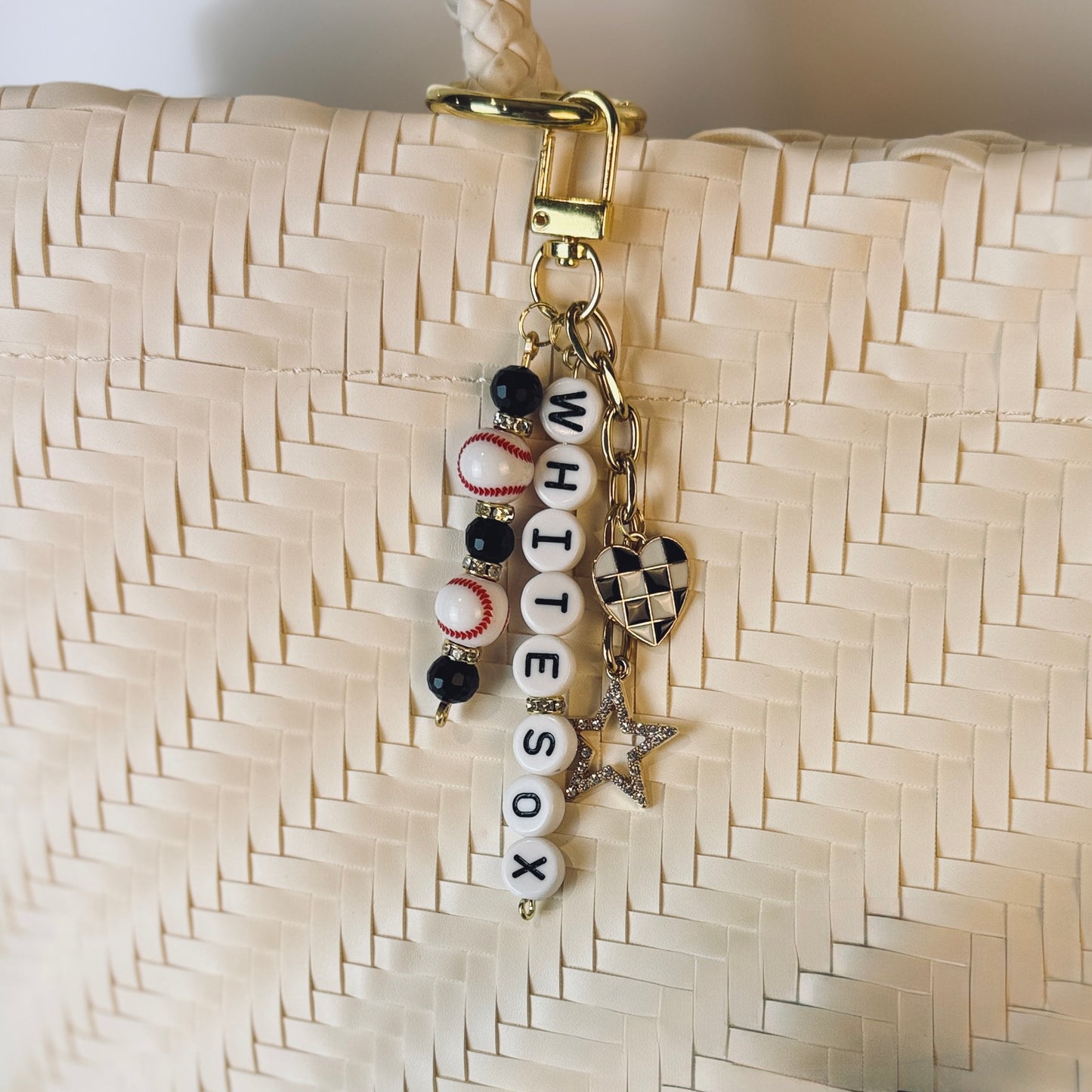 Baseball Beaded Bag Charm: Baseball Keychain with Letter Beads