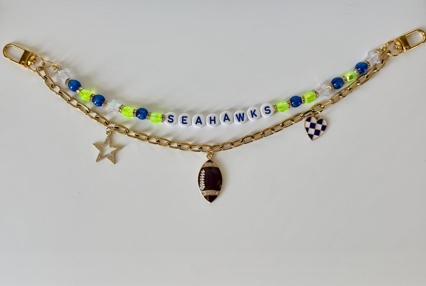 Seahawks Football Bag Charm or Chain – Blue Green Beaded Keychain or Stadium Purse Clip – Game Day Accessory – Handmade Gift