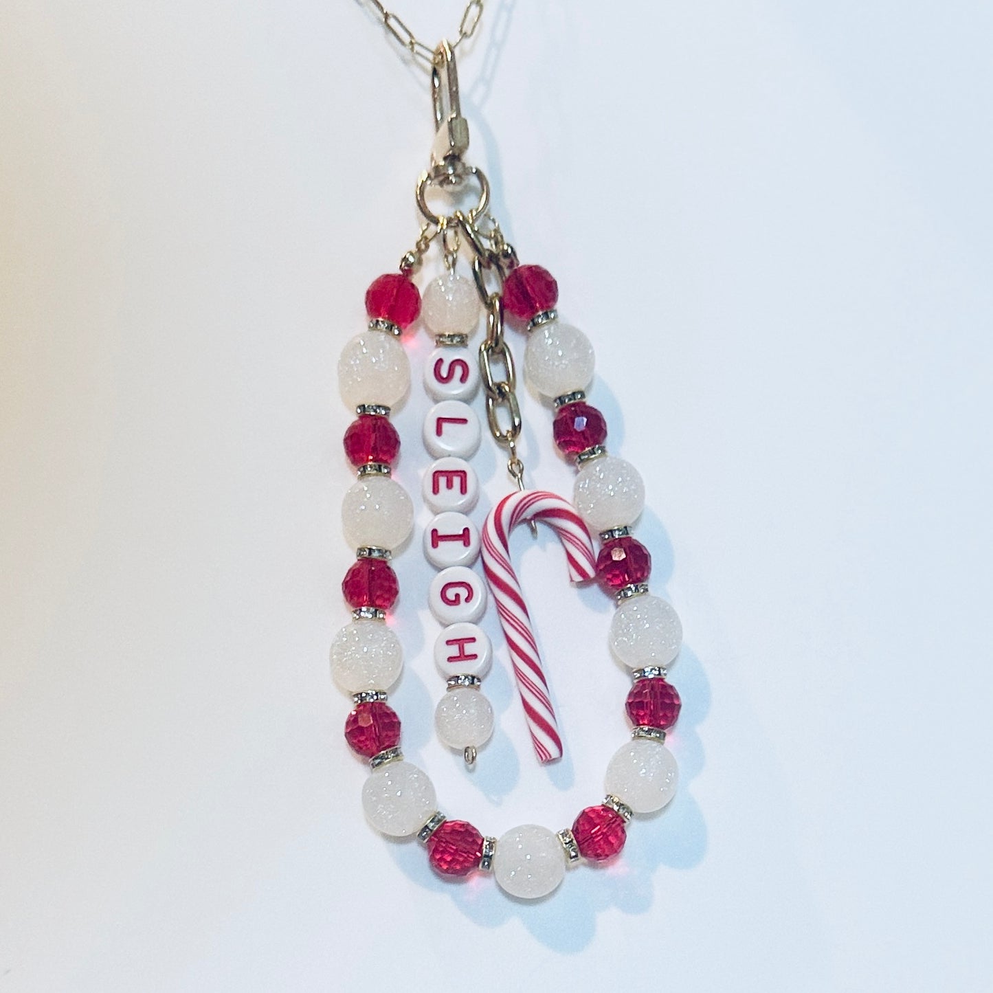 Christmas Bag Charm - Sleigh Gold Keychain with Red and White Beads and Candy Cane Charm