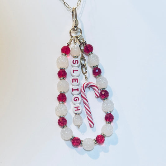Christmas Bag Charm - Sleigh Gold Keychain with Red and White Beads and Candy Cane Charm
