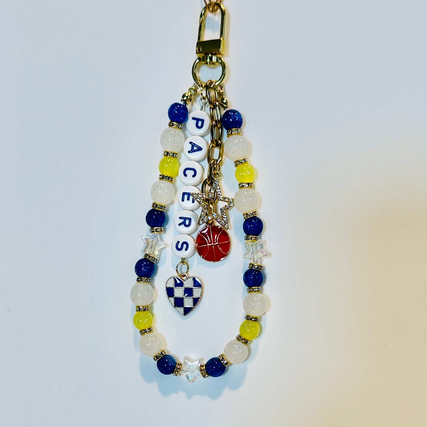 Pacers Basketball Bag Charm: Handmade Blue, Yellow and White Beaded Keychain with Charms