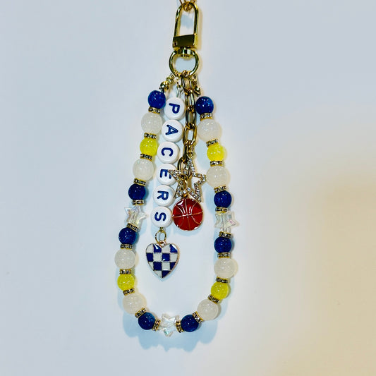 Pacers Basketball Bag Charm: Handmade Blue, Yellow and White Beaded Keychain with Charms
