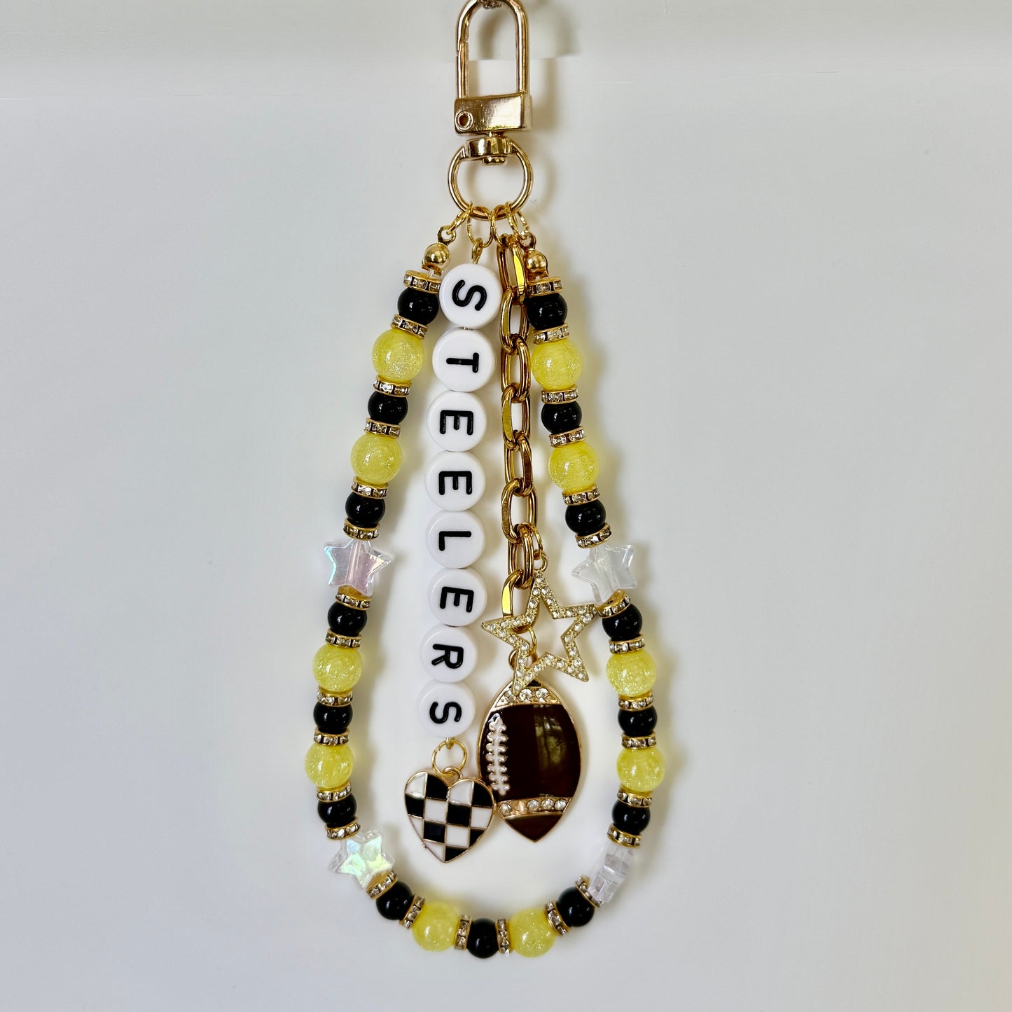 Steelers, Yellow & Black Beaded Bag Charm or Gold Chain – Football Purse Accessory, 6” Beaded Charm, 12.5” Chain, Custom Game Day Fit