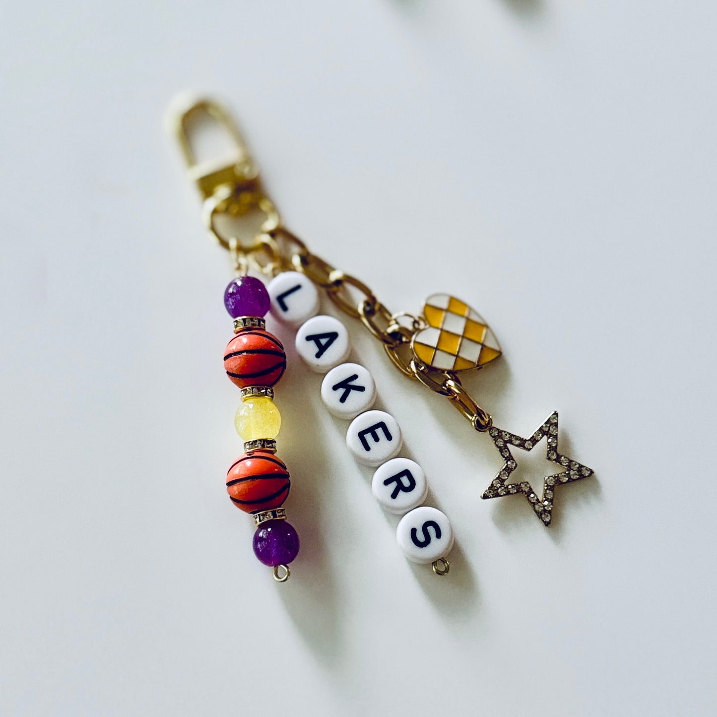 Lakers Basketball Keychain – Gold, Purple & Yellow Beaded Keychain with Star and Heart Charms