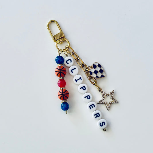Clippers Basketball Keychain – Gold, Red & Blue Beaded Keychain with Star and Heart Charms