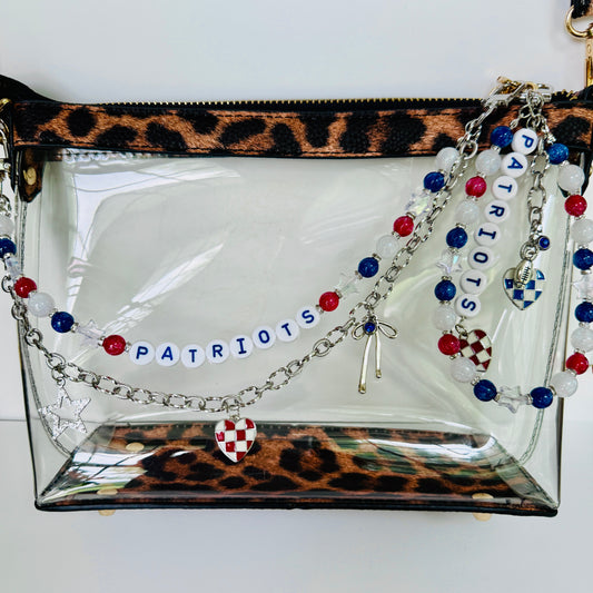Patriots Football Bag Charm or Chain – Red White Blue Beaded Keychain or Purse Accessory – Game Day Stadium Bag Clip – Handmade Gift