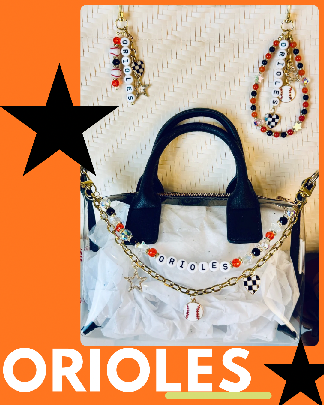 Orioles Bag Charm | Baseball Keychain Zipper Pull | Baseball Fan Gift | Choose Your Team & Size | Handmade Sports Accessory
