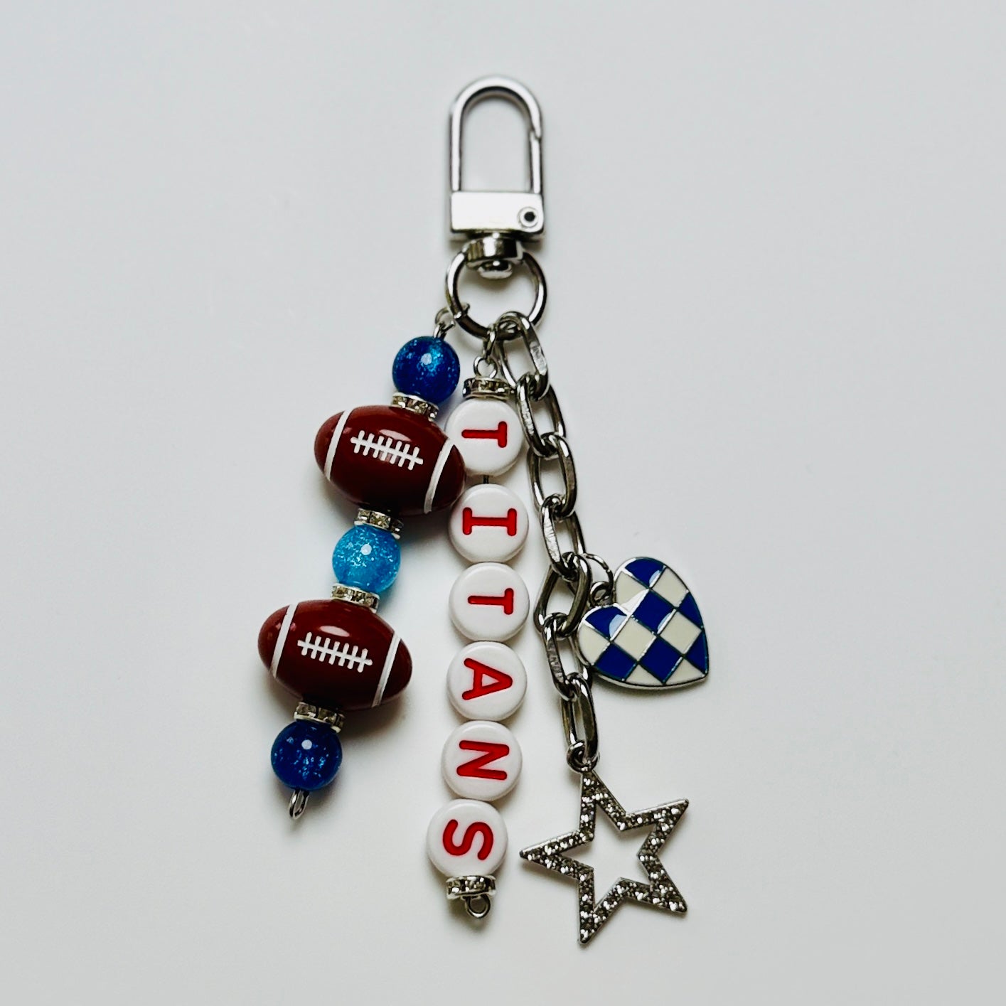Titans Football Beaded Keychain – Silver, Red and Blue Bag Charm with Letter Beads, Football Beads, & Enamel Heart
