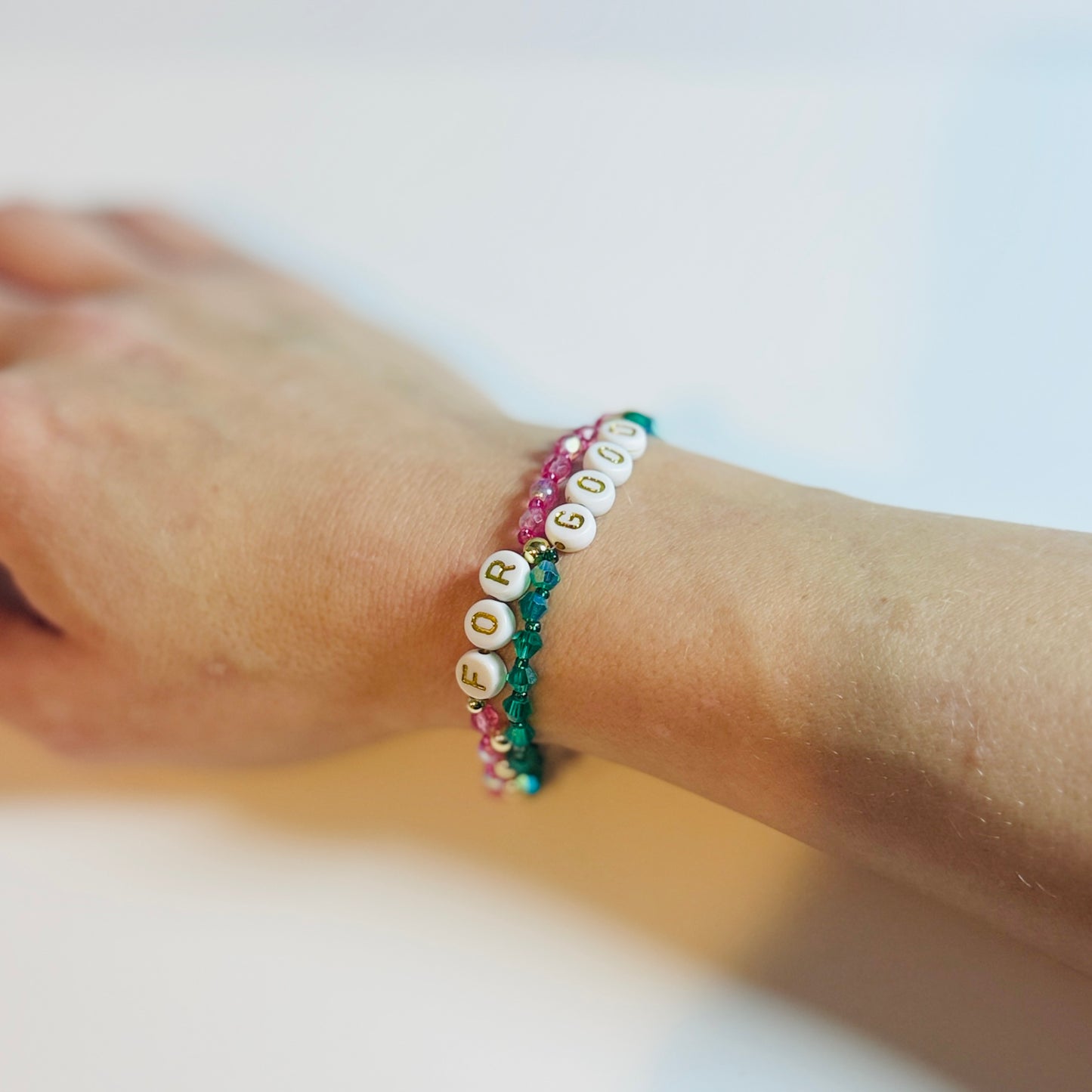 For Good Bracelet: Green and Pink Glass Beads with Gold or Silver Accents