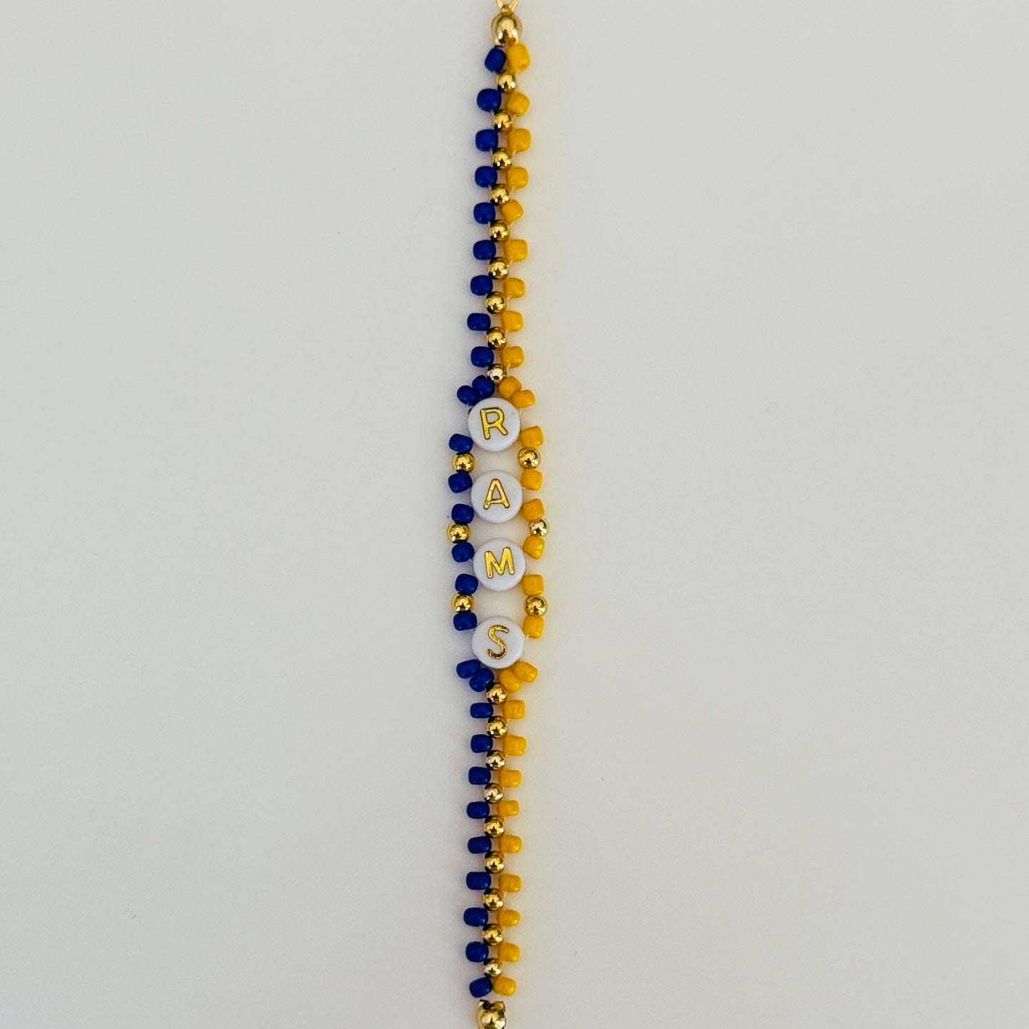 Rams Football Woven Bracelet – Blue and Yellow Seed Bead Jewelry, Handmade Game Day Gift, Sports Fan Beaded Bracelet