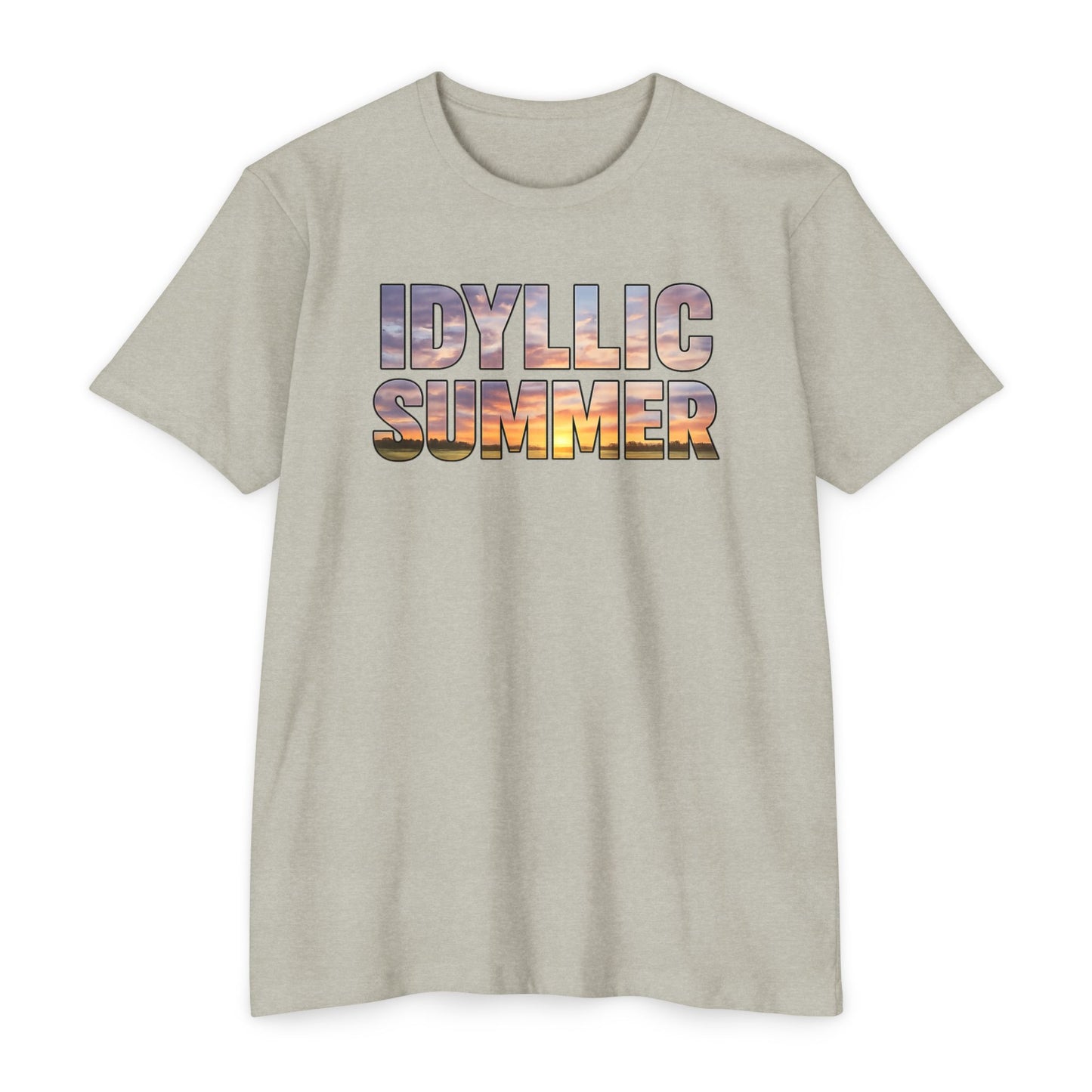Idyllic Summer T-Shirt, Sunset Photo Text, Retro Beach Vibes Graphic Tee