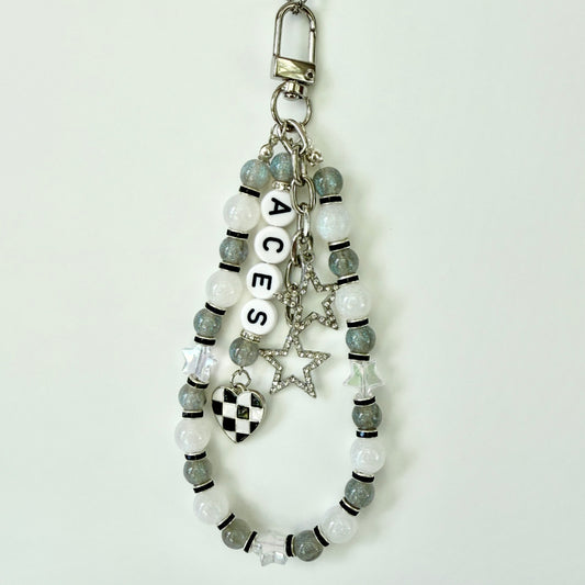 Aces Women’s Basketball, Silver, Black, White Basketball Bag Charm – 6.5” Handmade Beaded Keychain with Charms, Sports Bag Accessory, Resin Beads