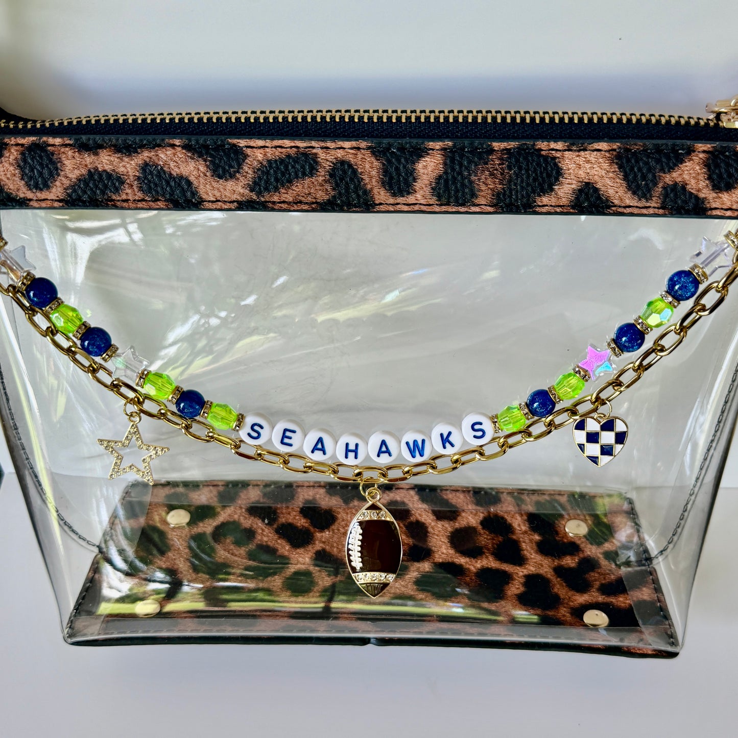 Seahawks Football Bag Charm or Chain – Blue Green Beaded Keychain or Stadium Purse Clip – Game Day Accessory – Handmade Gift