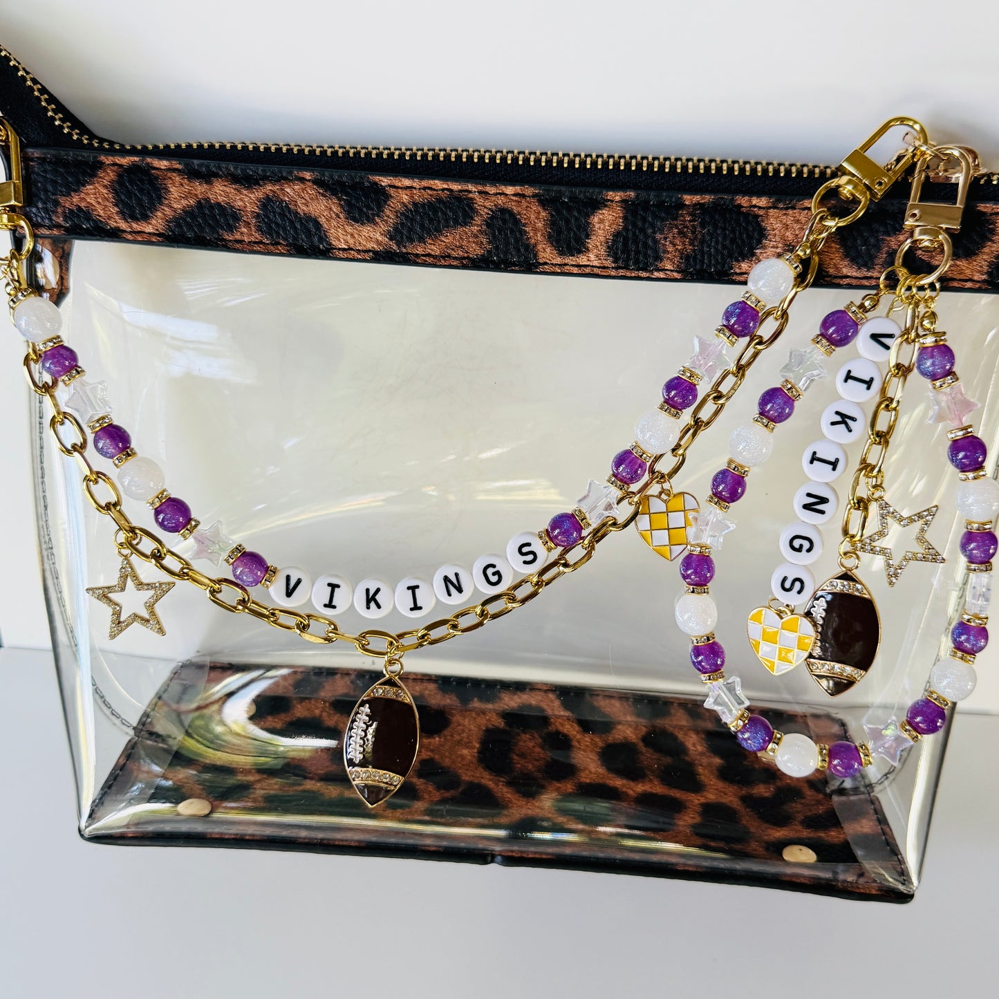 Vikings Football Bag Charm – Handmade Beaded Keychain with Purple and Gold Star Charms – Football Fan Gift – Backpack Zipper Pull – Sports Accessory