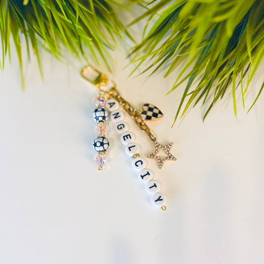 Angel City Soccer Bag Charm: Pink Beaded Keychain, Gold Keychain with Star and Heart Charms