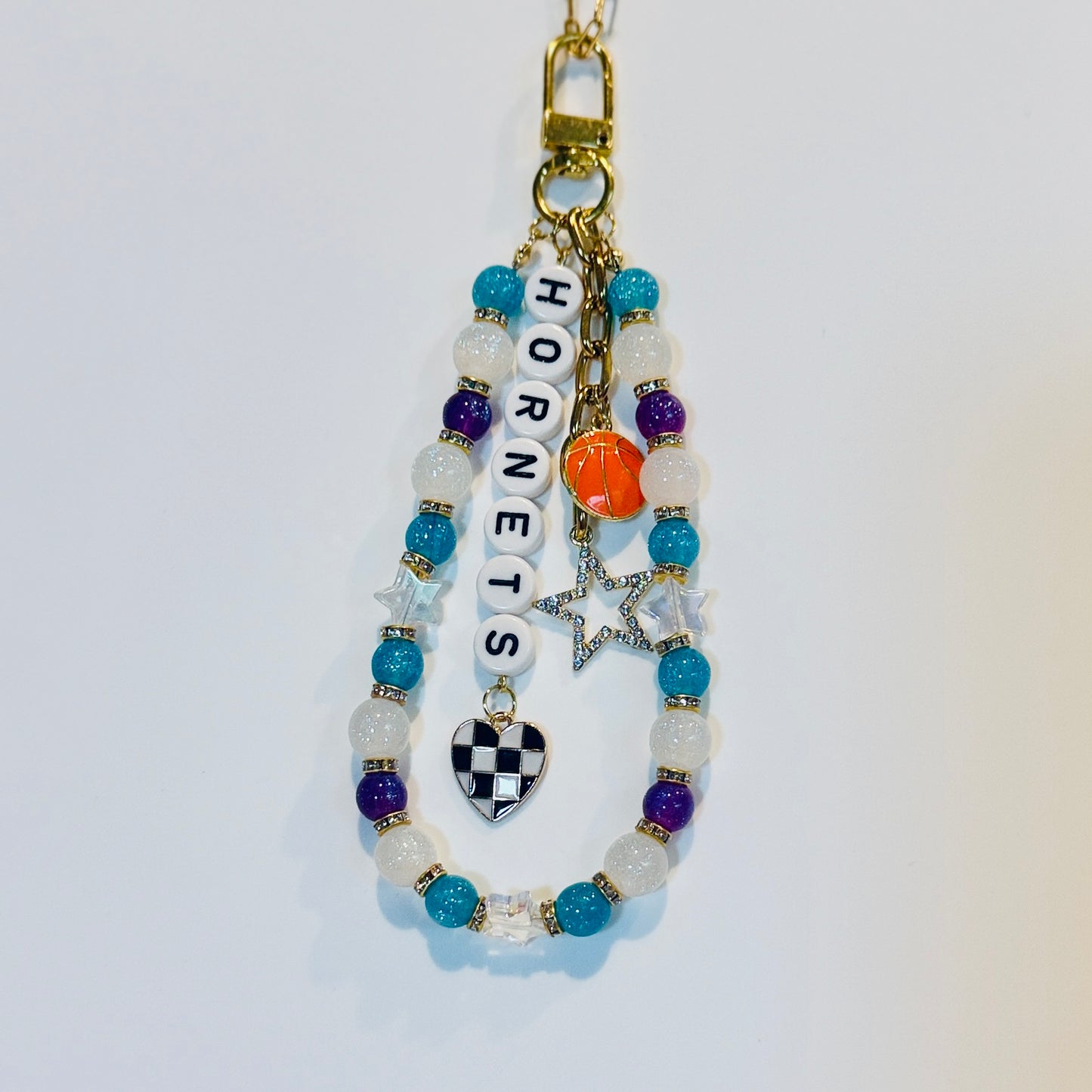 Hornets Basketball Bag Charm: Handmade Teal, Purple and White Beaded Keychain with Charms