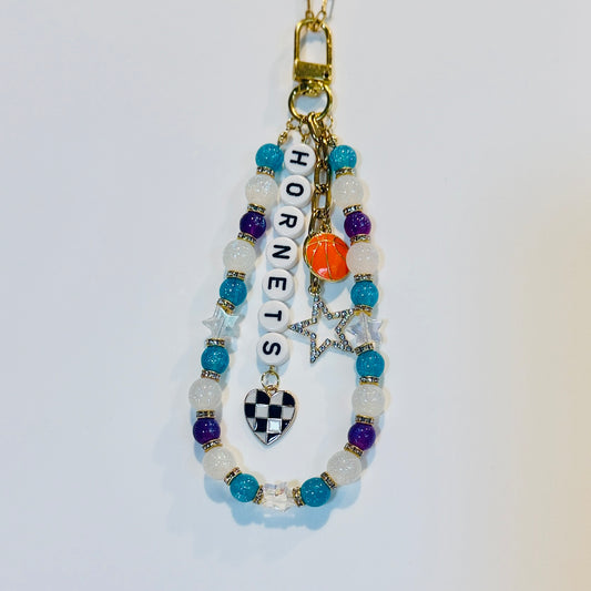 Hornets Basketball Bag Charm: Handmade Teal, Purple and White Beaded Keychain with Charms