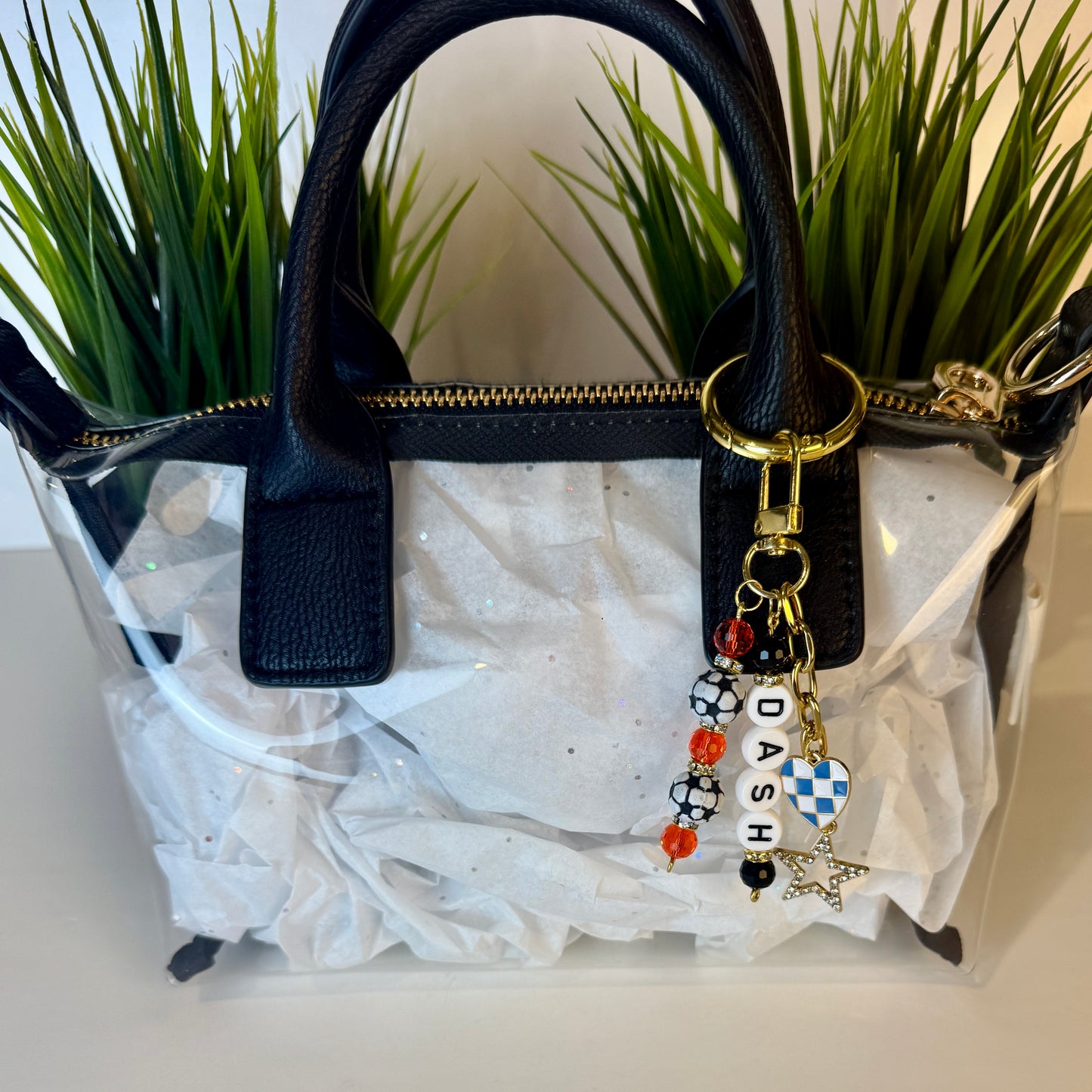 Women's Soccer Bag Charm Beaded Keychain: Custom Team and Colors with Gold Star Charm, Soccer Beads