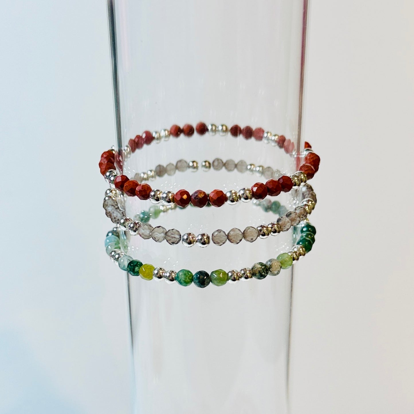 Grounding Crystal Bracelet Stack – Red Jasper, Smoky Quartz & Moss Agate