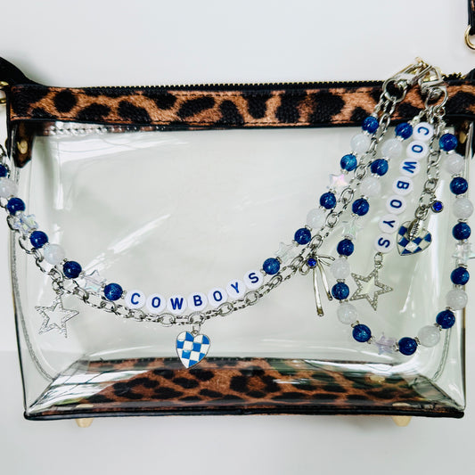 Cowboys Football Bag Charm or Chain – Blue & White Beaded Keychain or Purse Chain – Game Day Accessory – Handmade Gift