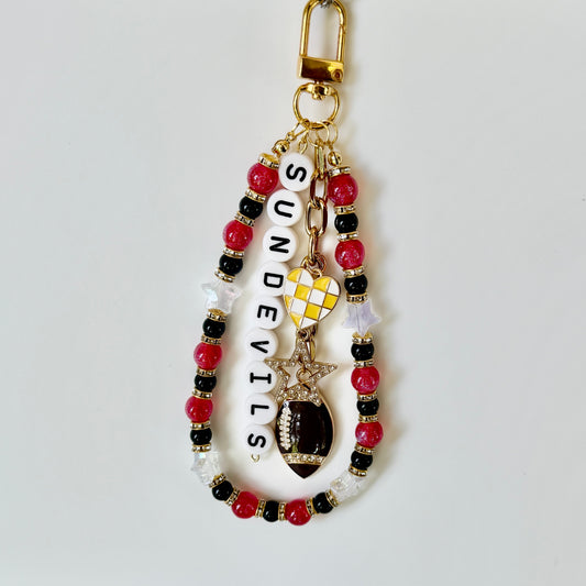 Sun Devils College Football Bag Charm – Red, Gold & Black Beaded Keychain with Charms – Game Day Purse Clip – Handmade Gift