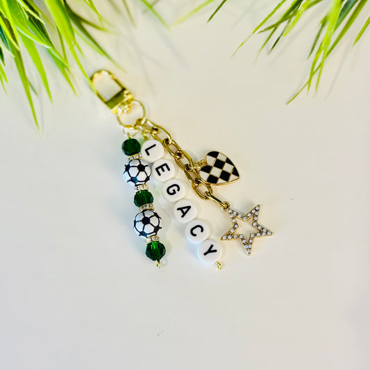 Legacy Soccer Bag Charm: Green and Black Beaded Keychain, Gold Keychain with Star and Heart Charms