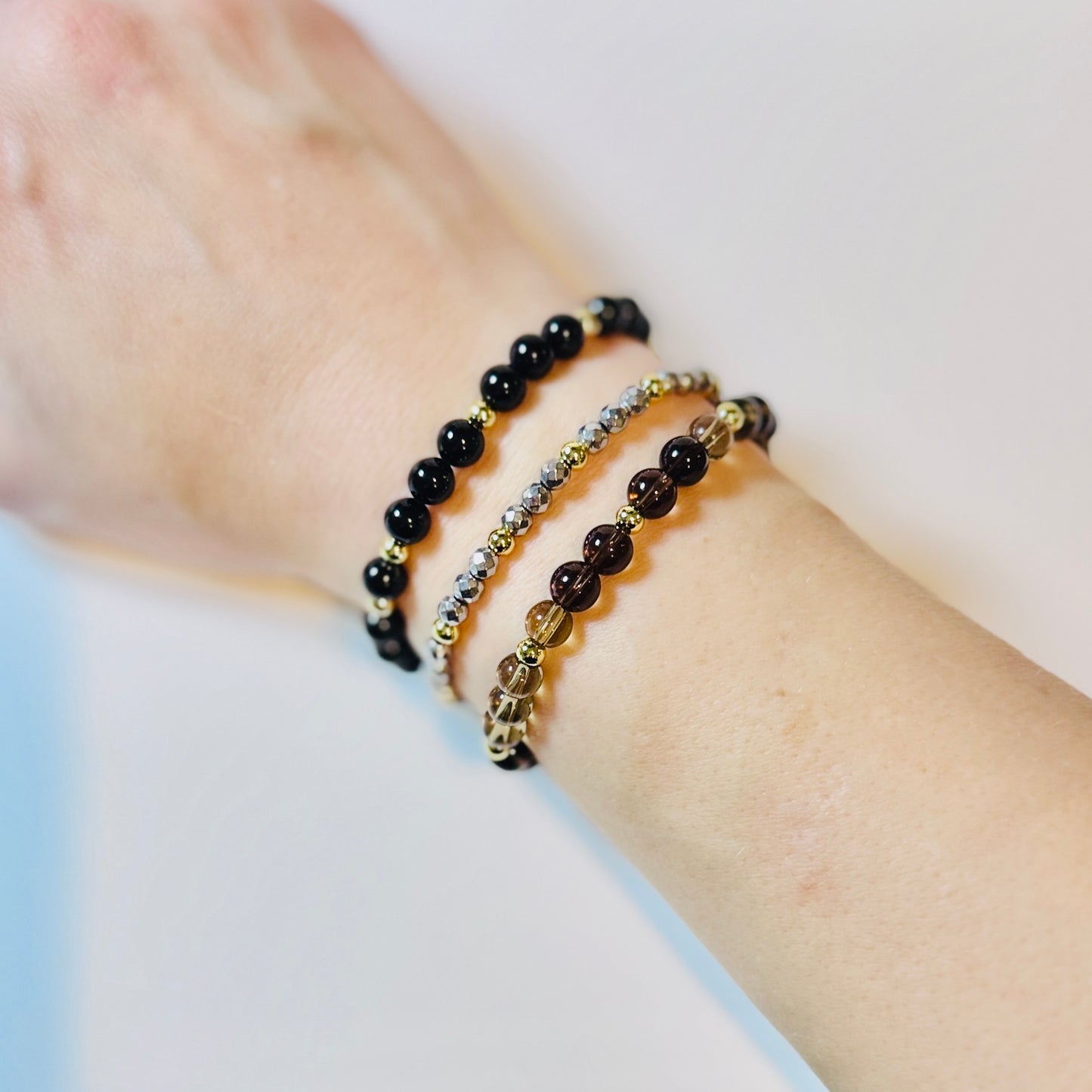 Grounding Crystal Bracelet Stack – Smoky Quartz, Black Tourmaline & Hematite