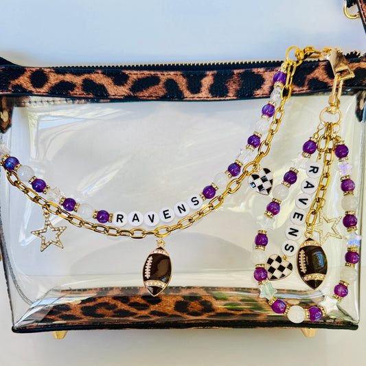Ravens Beaded Bag Charm or Gold Chain – Purple & White Football Purse Accessory, 6” Charm, 12.5” Chain, Game Day Bag Bling