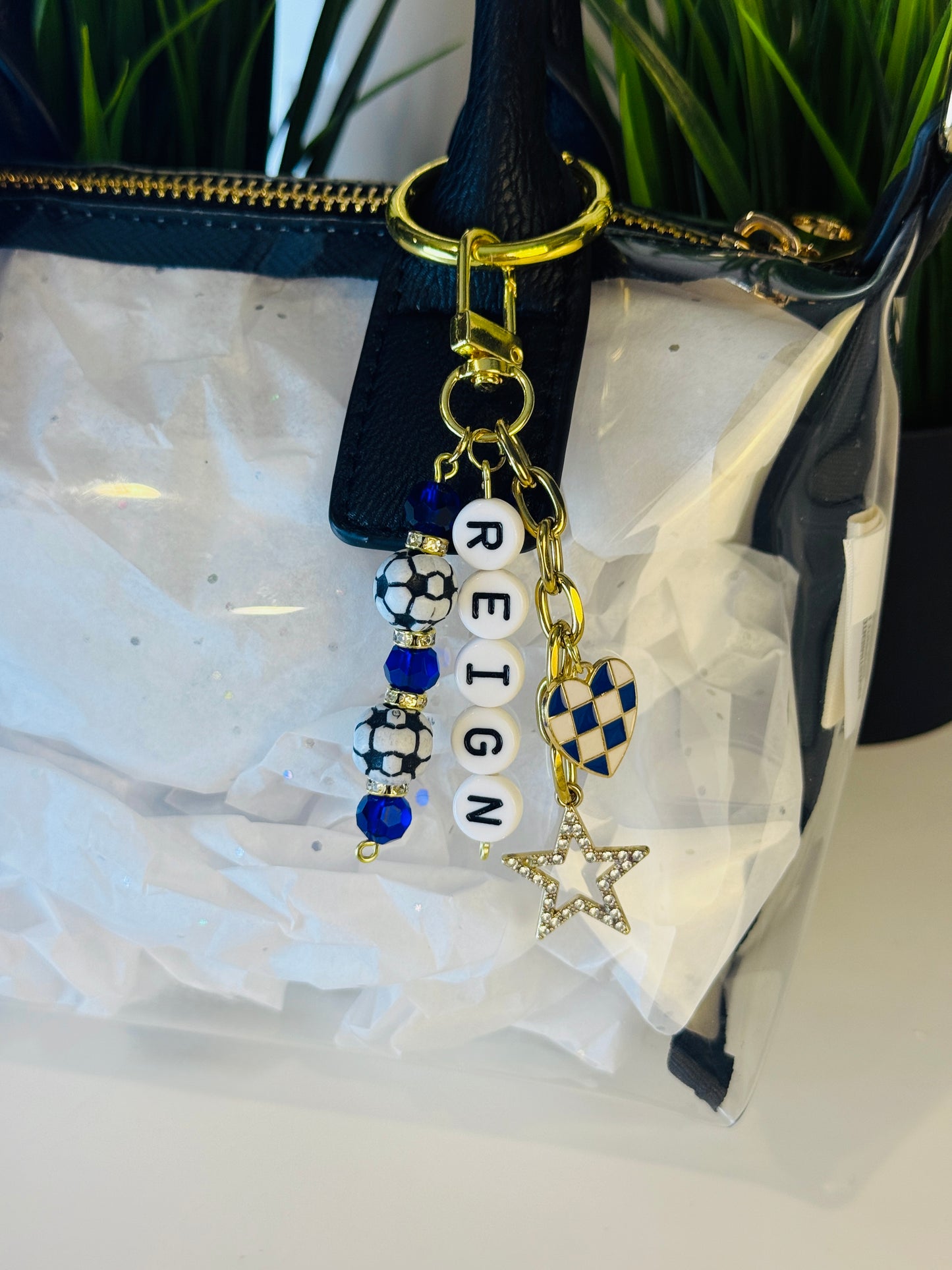 Reign Soccer Bag Charm: Blue Beaded Keychain, Gold Keychain with Star and Heart Charms
