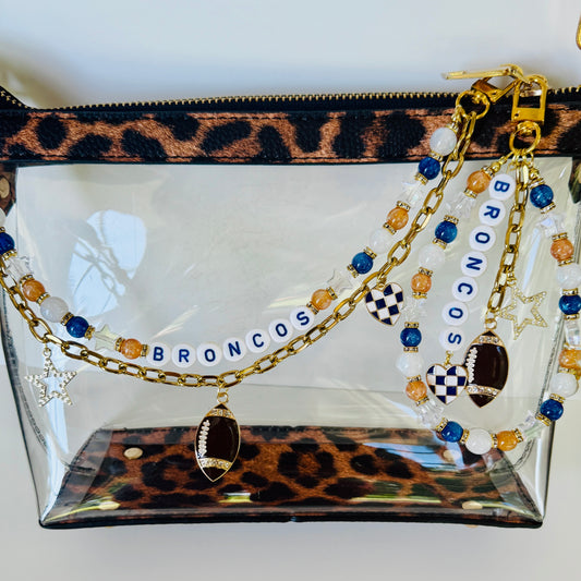 Broncos Football Bag Charm or Chain – Orange & Navy Blue Beaded Keychain or Purse Accessory – Game Day Stadium Bag Clip – Handmade Gift