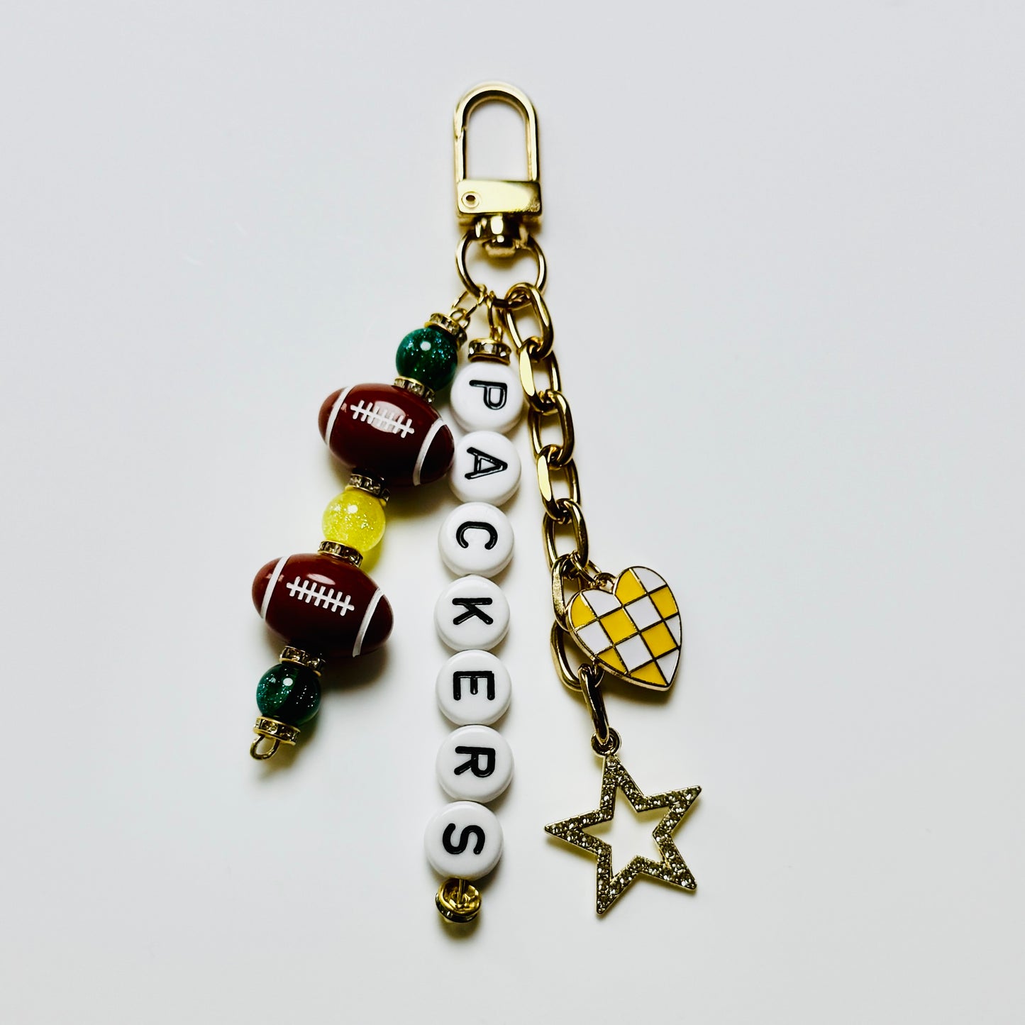 Packers Football Beaded Keychain – Gold Bag Charm with Letter Beads, Football Beads, & Enamel Heart