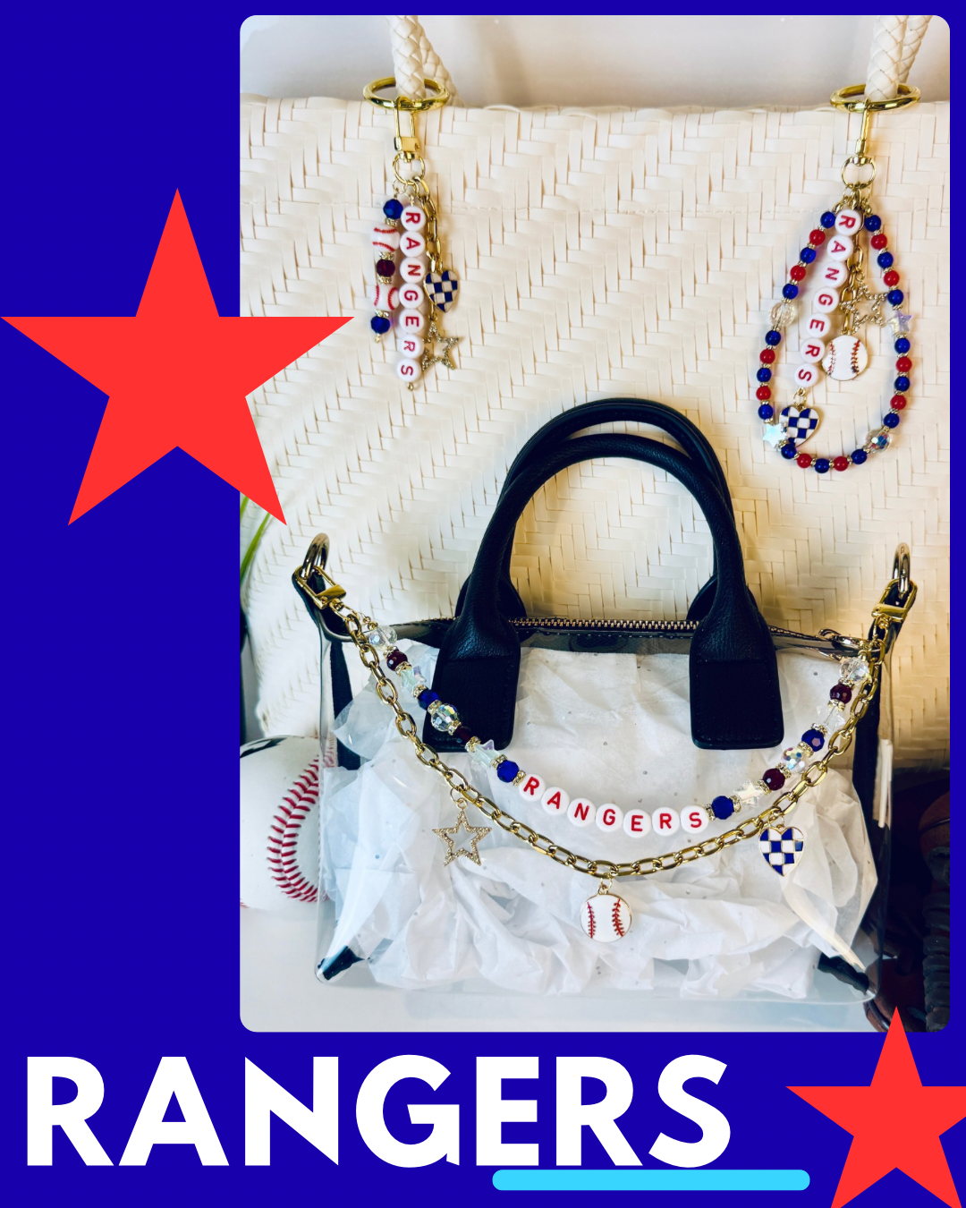 Rangers Bag Charm | Baseball Keychain Zipper Pull | Baseball Fan Gift | Choose Your Team & Size | Handmade Sports Accessory