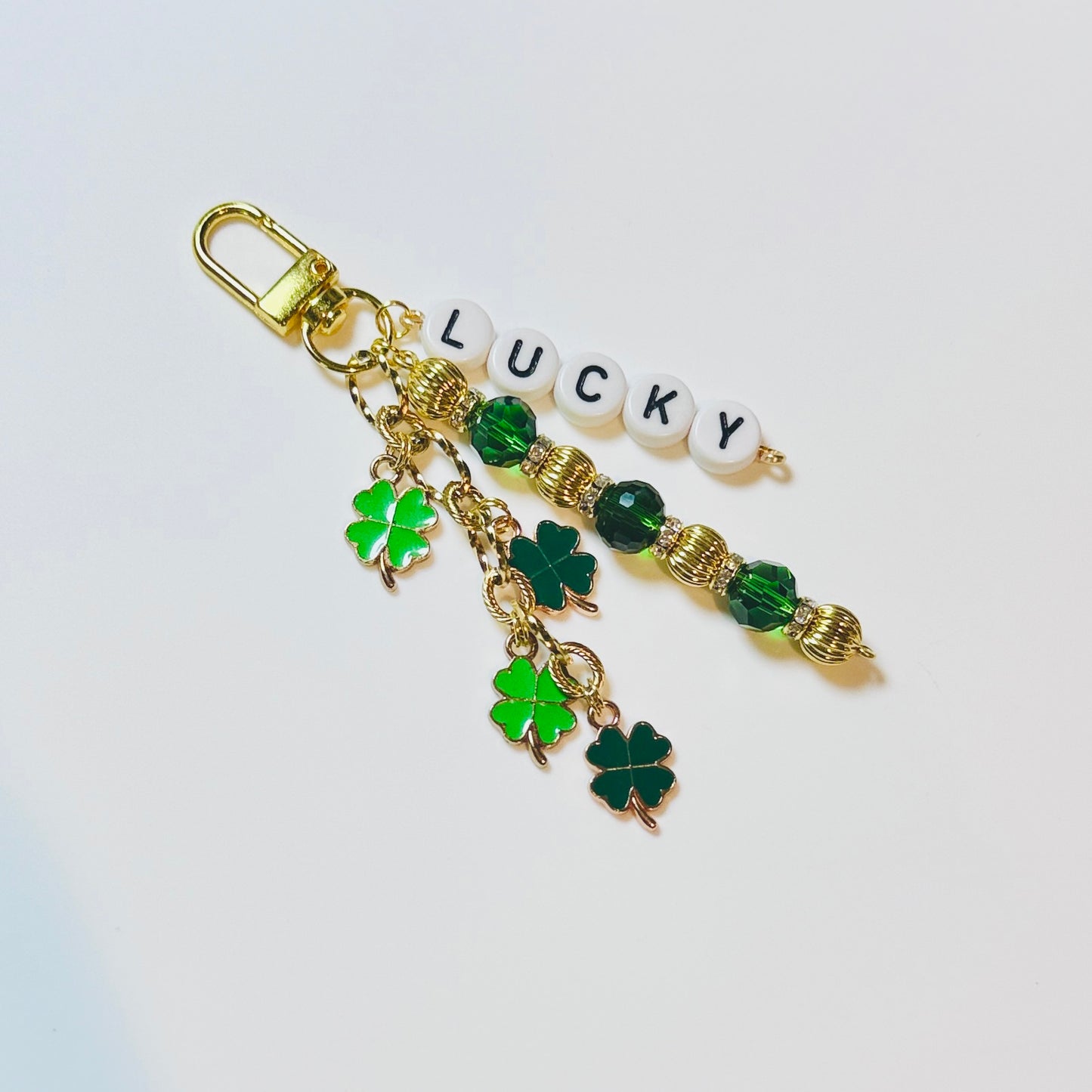 Lucky Clover Keychain: Green Glass Bead Bag Charm, St. Patrick's Day