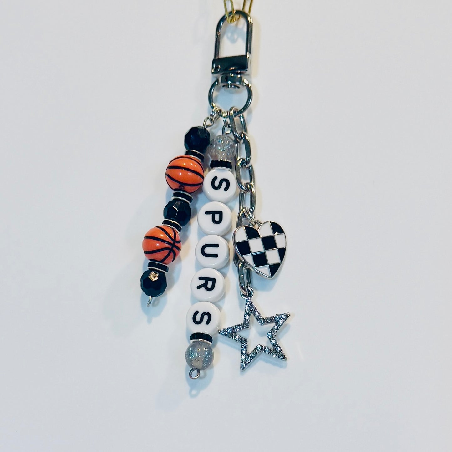 Basketball Bag Charm – Custom Beaded Keychain with Star and Heart Charms, Football or Baseball