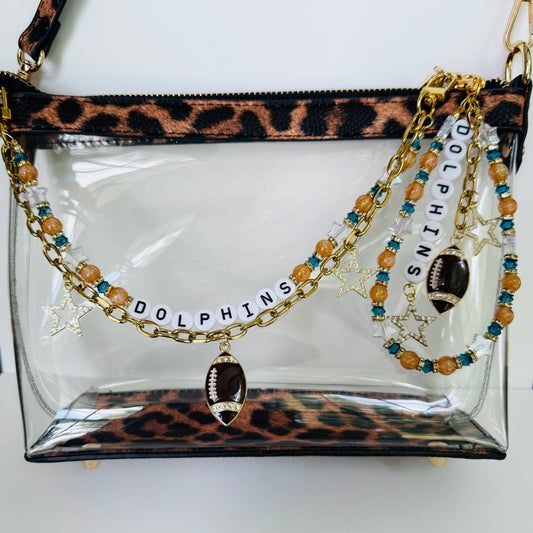 Dolphins Football Bag Charm or Chain – Teal & Gold Beaded Keychain or Purse Clip – Game Day Stadium Bag Accessory – Handmade Gift