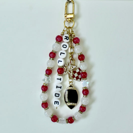 Roll Tide Football Bag Charm – Crimson & White Beaded Keychain with Charms – Game Day Purse Clip – Handmade College Gift