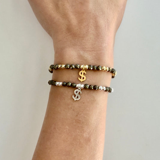 Pyrite Money Manifestation Bracelet: Gold or Silver Dollar Sign Charm