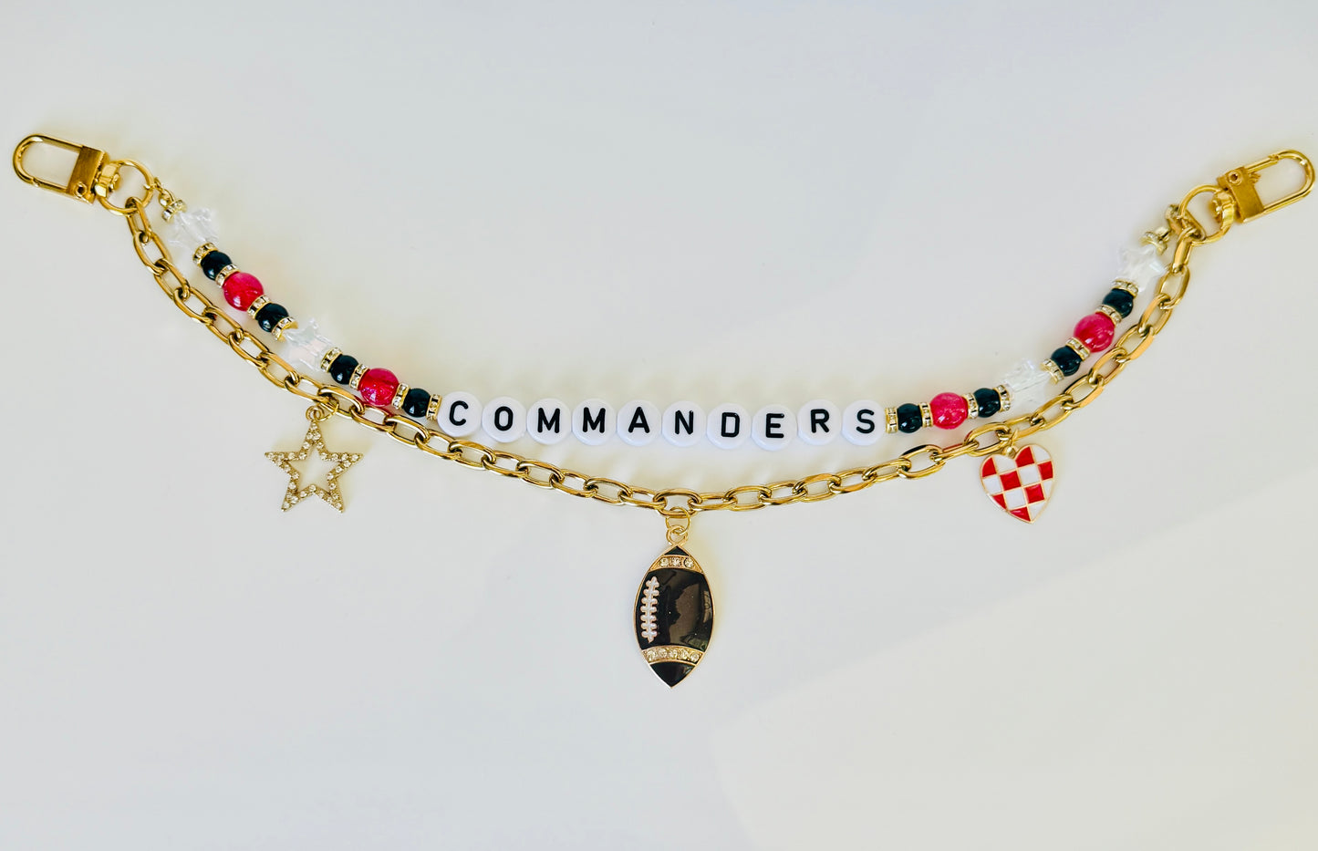 Commanders Beaded Bag Charm or Gold Chain – Red Black Gold Football Purse Accessory, 6” Charm, 12.5” Chain, Game Day Bag Jewelry