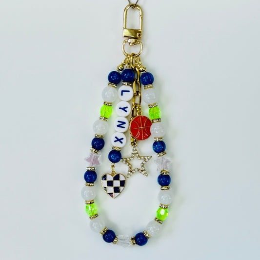 Lynx, Women’s Basketball, Blue Green Basketball Bag Charm – 6.5” Handmade Beaded Keychain with Charms, Sports Bag Accessory, Resin Beads