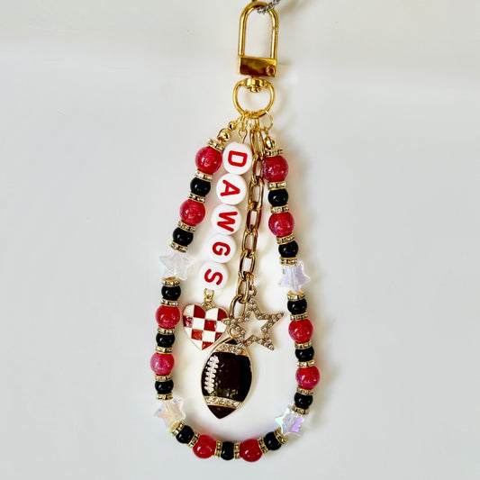 Dawgs College Football Bag Charm – Red, Black & White Beaded Keychain with Charms – Game Day Purse Clip – Handmade Spirit Gift