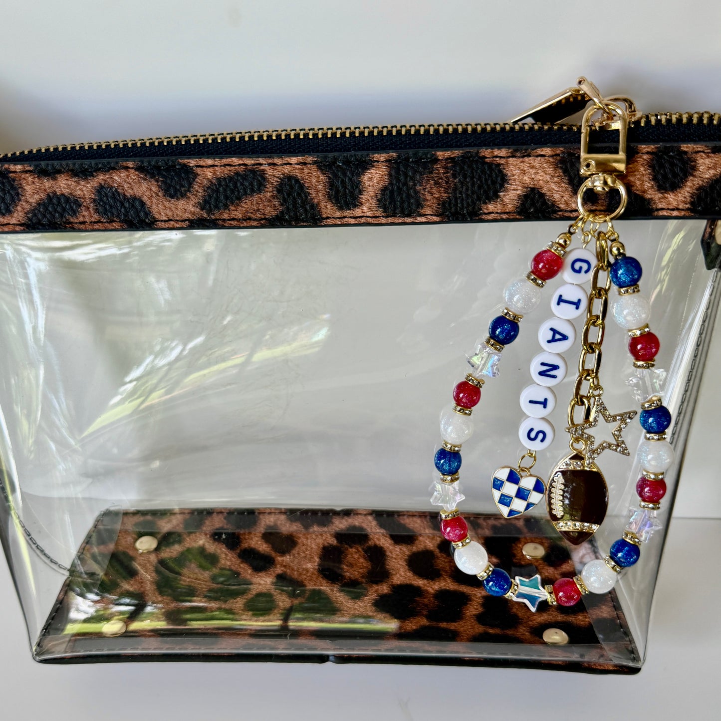 Giants Football Beaded Bag Charm: Red White & Blue Keychain - Handmade